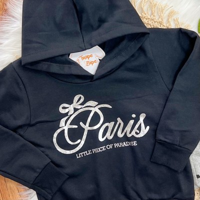Conj. Blusa de Moletom com Capuz Paris e Calça Legging Laços - Preto e Mescla